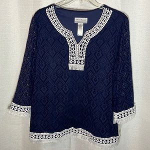 NWT Navy Tunic with pretty white lace and fringe detail.